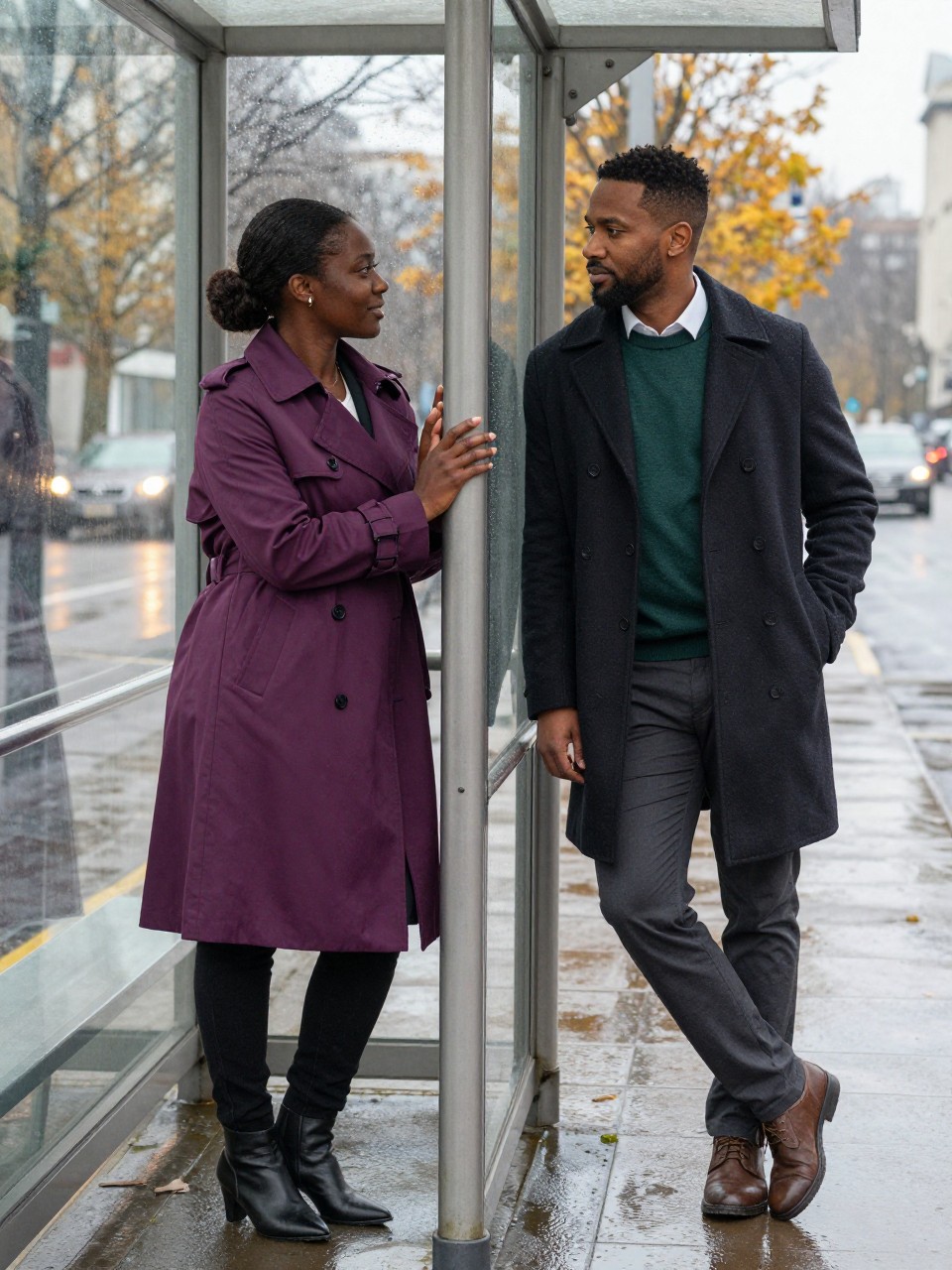Image Prompt: A realistic editorial photograph of a newly engaged Black couple standing inside a glass tram shelter after light fall rain. The woman has deep brown skin and wears a long plum trench coat, fitted black trousers, pointed boots, and a low natural bun. The man has medium-deep brown skin and wears a dark camel overcoat, forest green sweater, and charcoal trousers. They stand on opposite sides of one glass panel with their reflections overlapping while their hands meet around the edge of the shelter. Her engagement ring is naturally visible but not pushed toward the camera. Wet pavement reflects amber trees, passing lights, and the colors of their coats. Soft grey daylight, accurate dark skin tones, realistic raindrops and glass reflections, natural expressions, contemporary urban engagement photography.