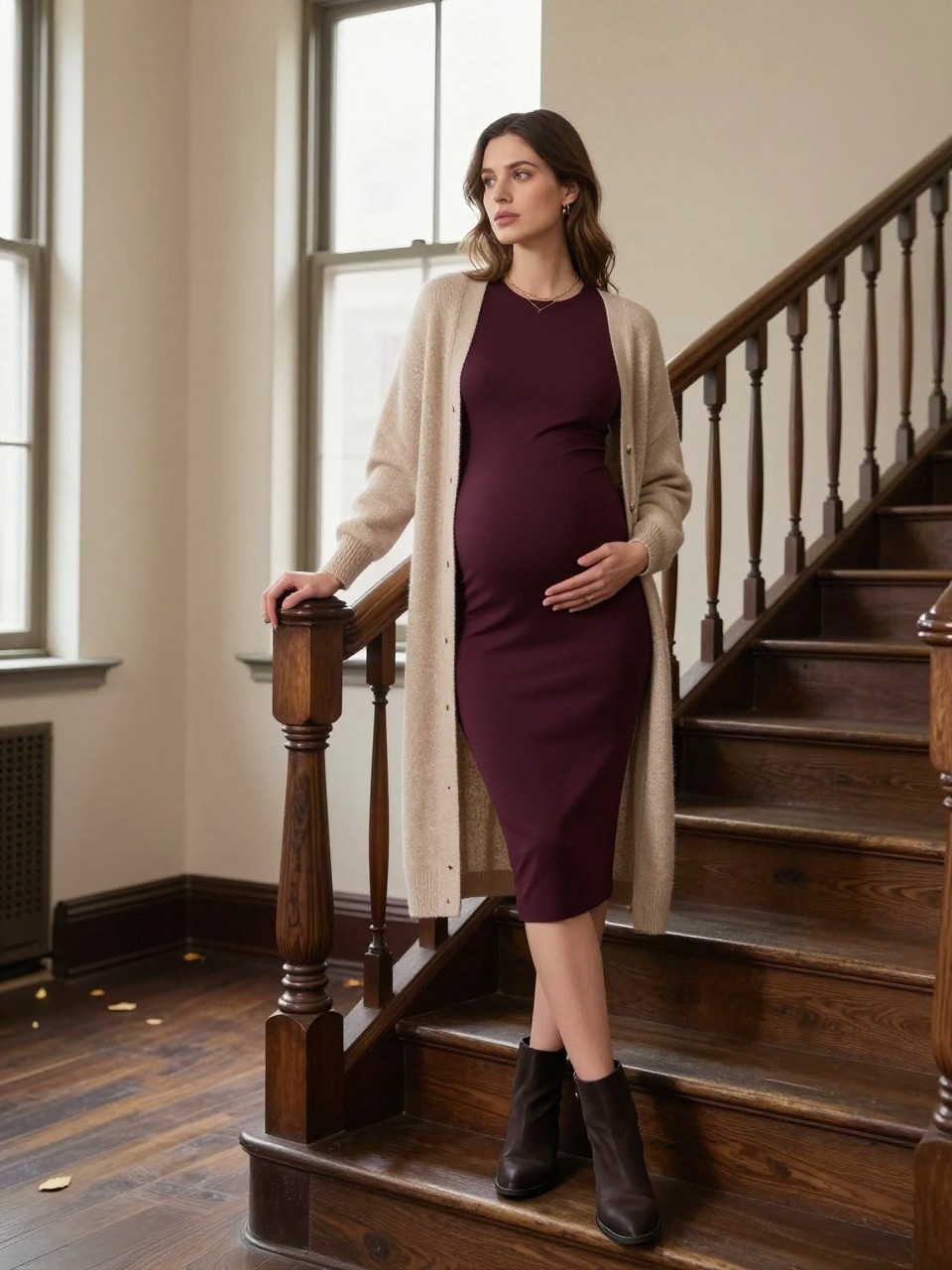 Image Prompt: A realistic full-body maternity fashion photograph of a pregnant white woman standing on a wide indoor stair landing inside an older apartment building. She wears a fitted dark plum midi dress beneath a long oatmeal cardigan, with supportive dark ankle boots and delicate gold jewelry. One hand rests lightly on the wooden banister while the other supports the underside of her belly. Her front foot stands one step below the other, creating a gentle diagonal pose without twisting her torso. A tall window casts soft light across cream walls, dark wood flooring, and a few fallen leaves near the entrance. Natural pale skin texture, realistic cardigan movement, accurate maternity proportions, elegant architectural editorial photography.