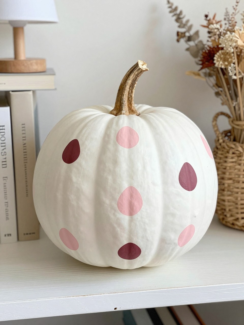 Horizontal 16:9 realistic iPhone camera photo of a matte white real pumpkin covered with irregular blush-pink, dusty-rose, and burgundy cow spots, natural brown stem, displayed on a farmhouse-style bedroom shelf beside neutral books, a small lamp, dried flowers, and a woven basket, soft morning daylight, realistic handmade spot shapes, playful polished fall decor, no text.