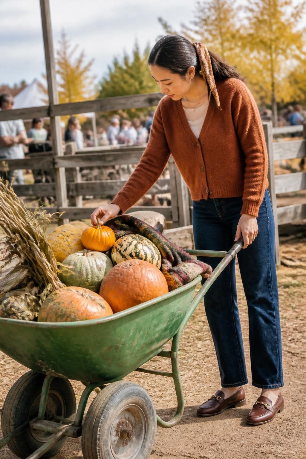 Image Prompt: A realistic lifestyle photograph of a young East Asian woman standing beside a slightly weathered green farm wheelbarrow filled with mixed heirloom pumpkins, dried corn stalks, and one folded plaid blanket. She wears straight-leg dark denim, a rust cardigan, brown leather loafers, and a patterned silk scarf tied around her ponytail. One hand rests on the wheelbarrow handle while the other adjusts a small pumpkin near the top. She looks down with a natural focused expression. Wooden farm fencing, distant visitors, and faded yellow trees appear softly in the background. Morning light, realistic skin texture, visible dirt on the wheelbarrow tires, detailed pumpkin surfaces, candid editorial composition.