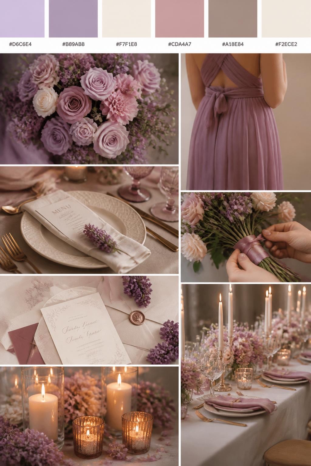 Image Prompt:
A realistic wedding inspiration mood board with a top row of swatches and small hex codes in lilac, mauve, cream, dusty rose, warm taupe, and soft ivory. Under the palette strip, show a polished collage of mauve flowers, lilac blooms, cream table details, soft candles, elegant paper goods, a cropped bridesmaid dress image from the neck down, hands tying ribbon around a bouquet, and a romantic no-people reception table with gentle floral accents. Use only back views, side views, detail crops, and no-people decor scenes to avoid face issues. DSLR-style realism, 9:16 vertical format. (no watermarks on images)