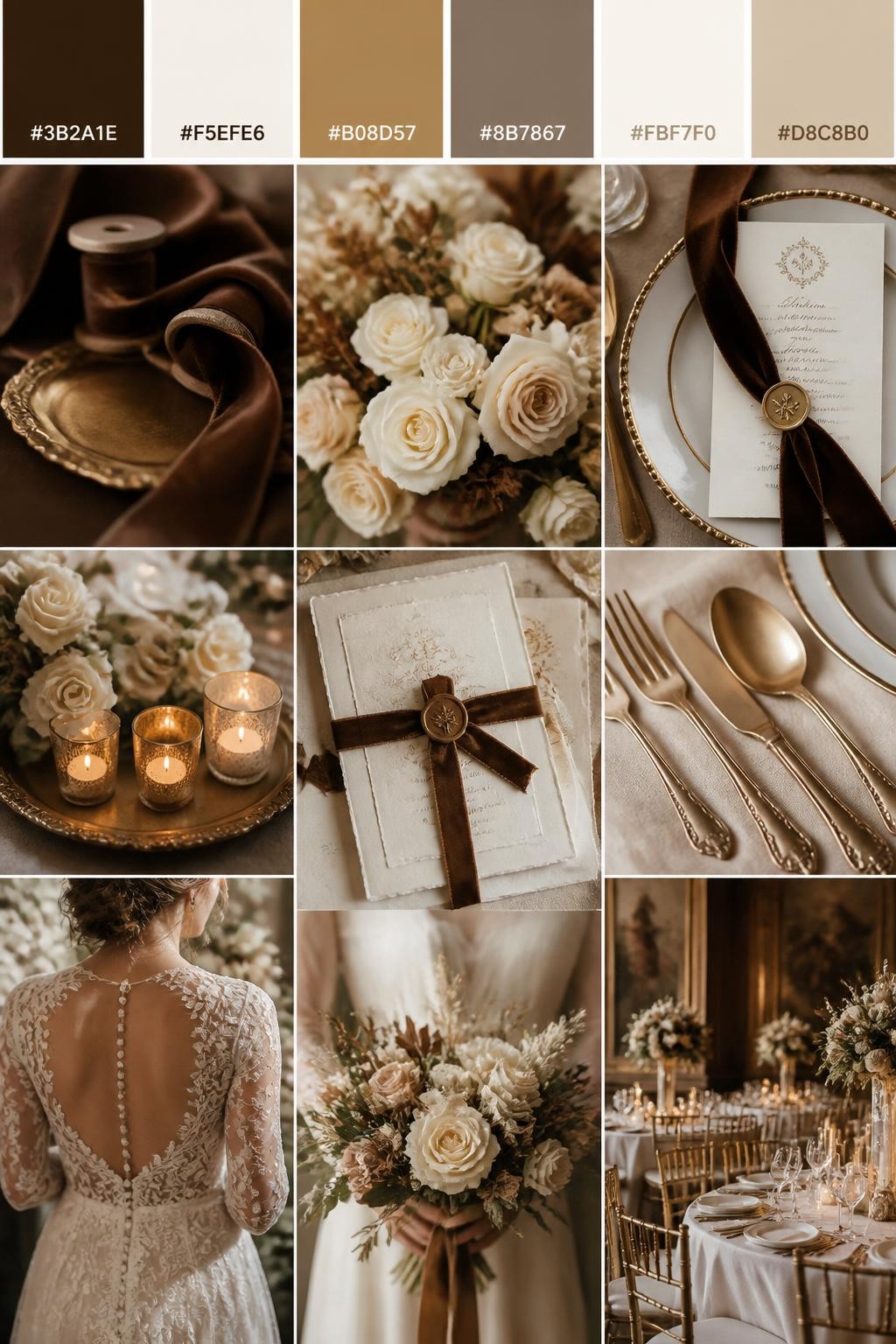Image Prompt:
A realistic wedding color scheme mood board with a top swatch strip and small hex codes in chocolate brown, cream, antique gold, warm taupe, ivory, and beige. Below, create a rich elegant collage of brown velvet ribbon, cream roses, gold flatware, soft candlelight, classic invitations, hands holding a bouquet, a back-view bridal detail, and a no-people reception table with refined old-world styling. Use no clear faces and mix detail shots with no-people decor images for variety. The mood should feel warm, rich, elegant, and romantic with soft natural light and DSLR-style realism. 9:16 vertical format. (no watermarks on images)