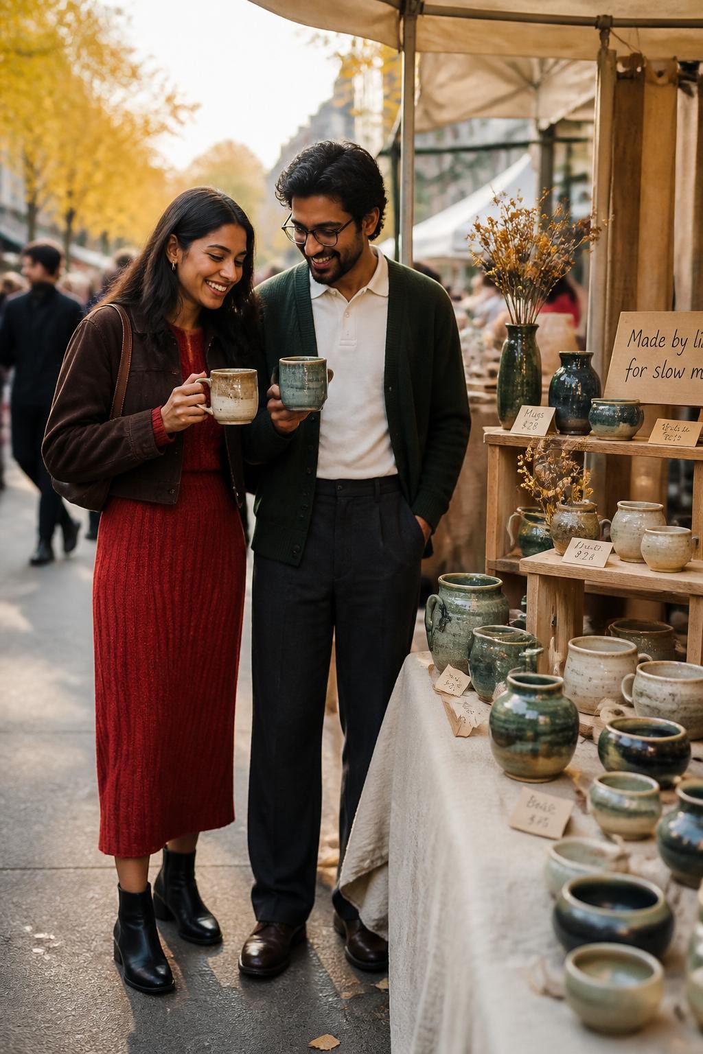 Image Prompt: A realistic outdoor market photograph of a young South Asian couple browsing a table of handmade ceramic mugs, bowls, candleholders, and small vases. The woman wears a deep red knit dress beneath a cropped dark brown jacket, with low ankle boots. The man wears a forest green cardigan over a cream polo, relaxed charcoal trousers, and leather shoes. They hold two differently glazed mugs beside each other while comparing the colors and laughing. The market stall includes linen cloths, wooden shelves, handwritten price tags, and a few dried flower stems. Yellow trees and softly blurred shoppers appear beyond the stall. Natural brown skin tones, realistic ceramic glaze reflections, detailed knit textures, warm morning light, modern romantic lifestyle photography.