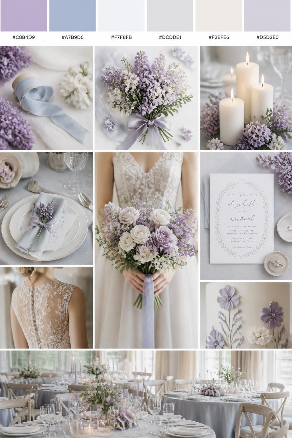 Image Prompt:
A realistic wedding color mood board in a vertical collage style. Add a top strip of palette swatches with hex codes in lilac, dusty blue, white, pale gray, soft ivory, and lavender gray. Below, show realistic wedding details like dusty blue ribbon, lilac flowers, white candles, soft table settings, elegant invitations, a bouquet held in front of the body with no face shown, back-view bridal detail shots, and a calm no-people reception scene. Use no clear faces, with a mix of cropped body details, hands-only shots, and no-people styling scenes. The look should feel airy, soft, romantic, and polished with DSLR realism. 9:16 vertical format. (no watermarks on images)