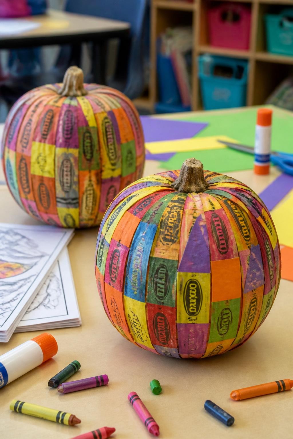Image Prompt: A realistic DSLR photo of small pumpkins decorated with colorful crayon wrappers and crayon-shape paper cutouts, arranged like stripes and patchwork around the pumpkin, styled on a kid craft table with broken crayons, glue sticks, construction paper, and a few coloring pages nearby, bright cheerful classroom lighting, creative recycled fall craft look.