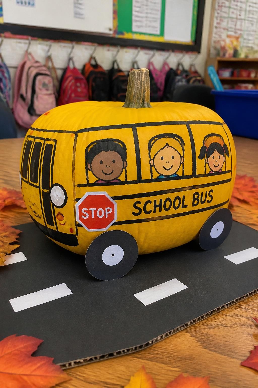 Image Prompt: A realistic DSLR photo of a rectangular or round pumpkin painted like a yellow school bus, with black window outlines, tiny paper wheels, stop sign detail, smiling student faces drawn in the windows, and a cardboard road base, displayed on a classroom table with backpacks and fall leaves nearby, bright realistic school craft photography.