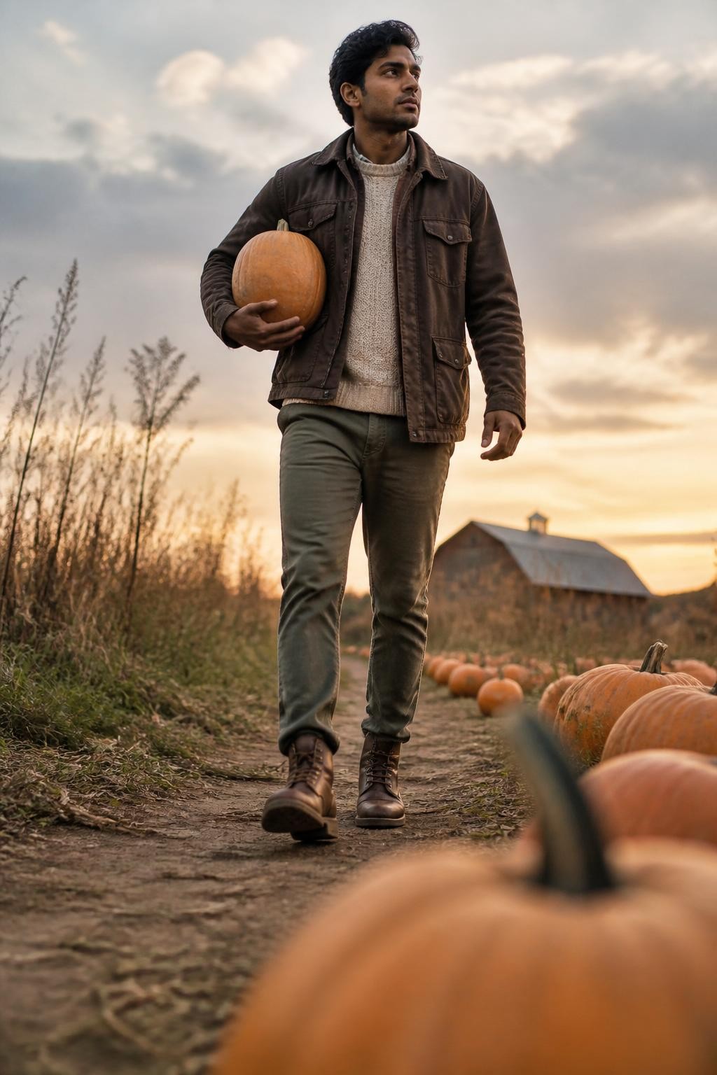 Image Prompt: A realistic low-angle DSLR photograph of a young South Asian man carrying a medium-sized pale orange pumpkin along a dirt path at a pumpkin farm. He wears a dark brown chore jacket, a cream textured sweater, olive trousers, and worn leather boots. The pumpkin rests naturally against one hip while his opposite arm swings during the walk. The camera is positioned close to the ground so pumpkins in the foreground appear large and slightly blurred, while the subject remains sharp. Warm autumn sky, tall dry grass, distant barn, natural brown skin tone, believable posture, detailed clothing textures, cinematic but realistic perspective.