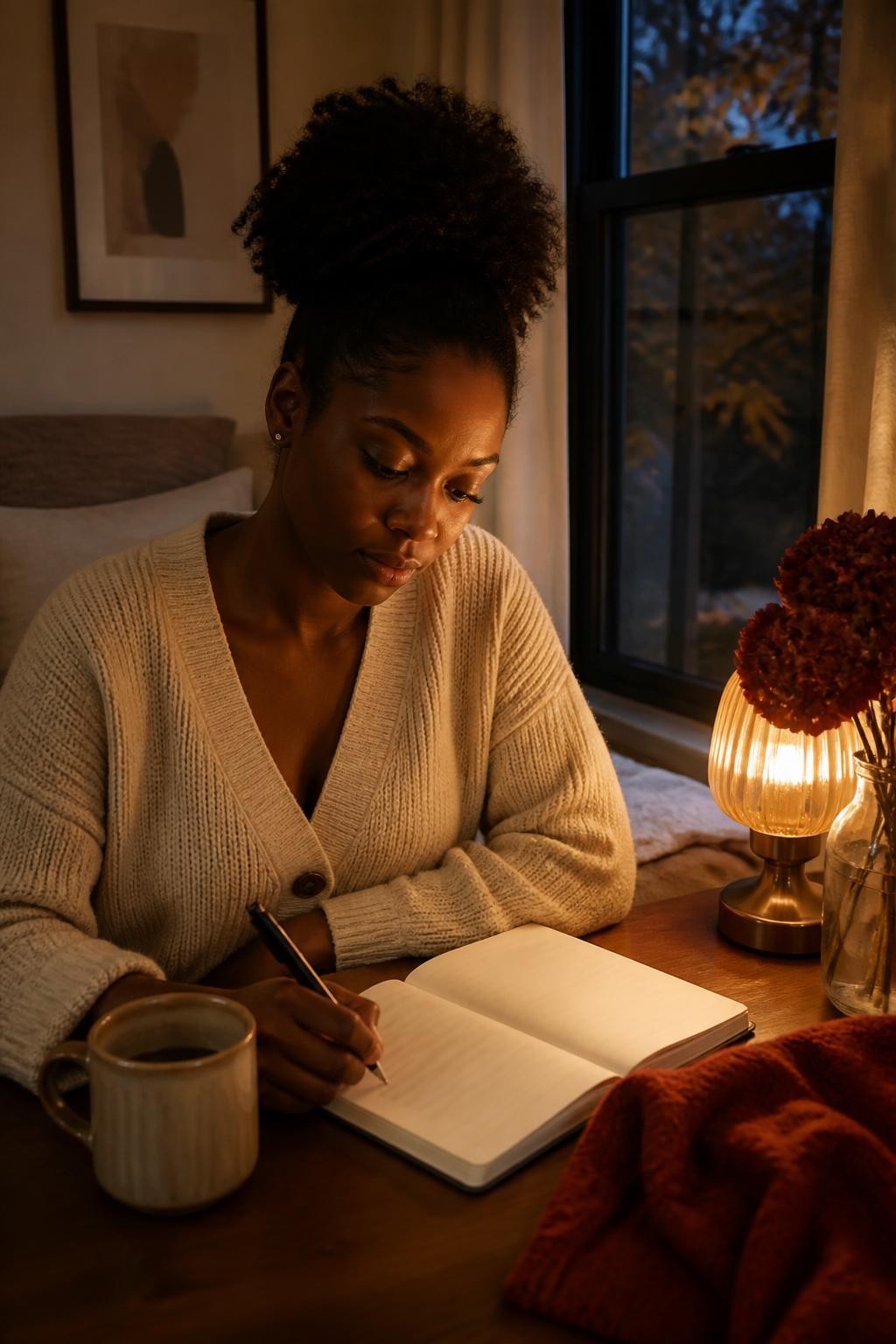 Image Prompt: A realistic intimate portrait of a Black woman with rich dark skin completing a weekly emotional check-in at a small bedroom desk, wearing a cream knit cardigan with her natural hair in a loose high puff, writing in an open journal beside a warm drink, page divided into three blurred sections representing feelings, causes, and needs, dark blue fall evening outside the window, small amber lamp, dried burgundy flowers, and folded rust blanket nearby, thoughtful but calm expression, realistic skin texture, premium DSLR wellness photography, 50mm lens, no readable private writing, no logos, no text overlay.