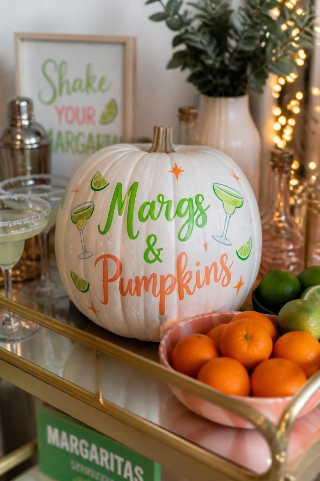Image Prompt: A realistic DSLR photo of a smooth white pumpkin with bold hand-lettered text reading “Margs & Pumpkins” in lime green and coral paint, surrounded by tiny painted margarita glasses, lime wedges, salt dots, and small stars, styled on a bar cart with citrus bowls, cocktail glasses, and warm string lights, modern Pinterest-style fall party decor.