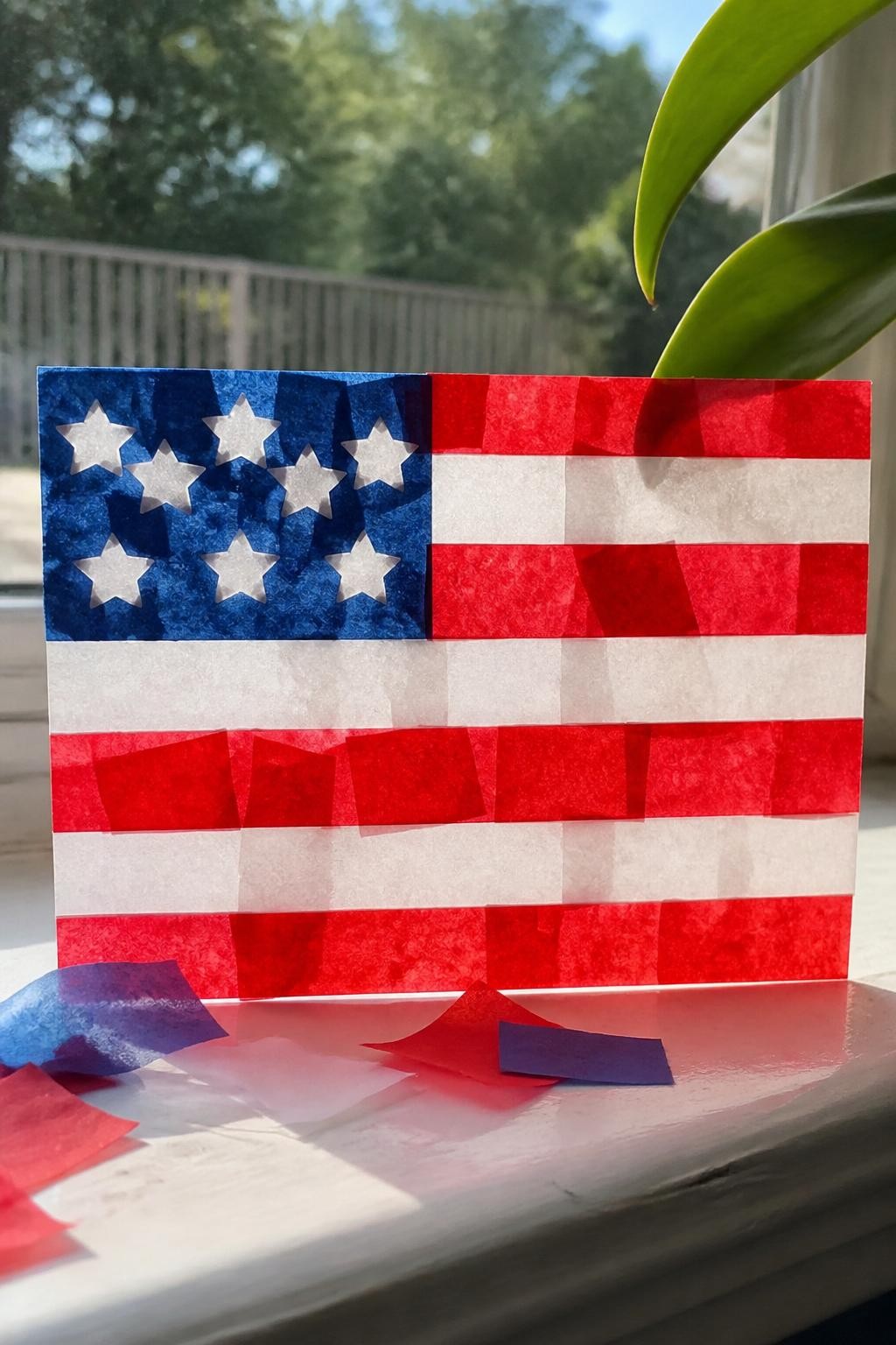 Image Prompt: Photo of a finished tissue paper flag suncatcher craft, eye-level close-up, displayed on a sunny windowsill with tissue paper scraps and a small plant leaf nearby, bright natural daylight shining through the colors, craft occupying most of the frame, overlapping handmade paper details clearly visible, realistic craft photography, latest iPhone photo quality.