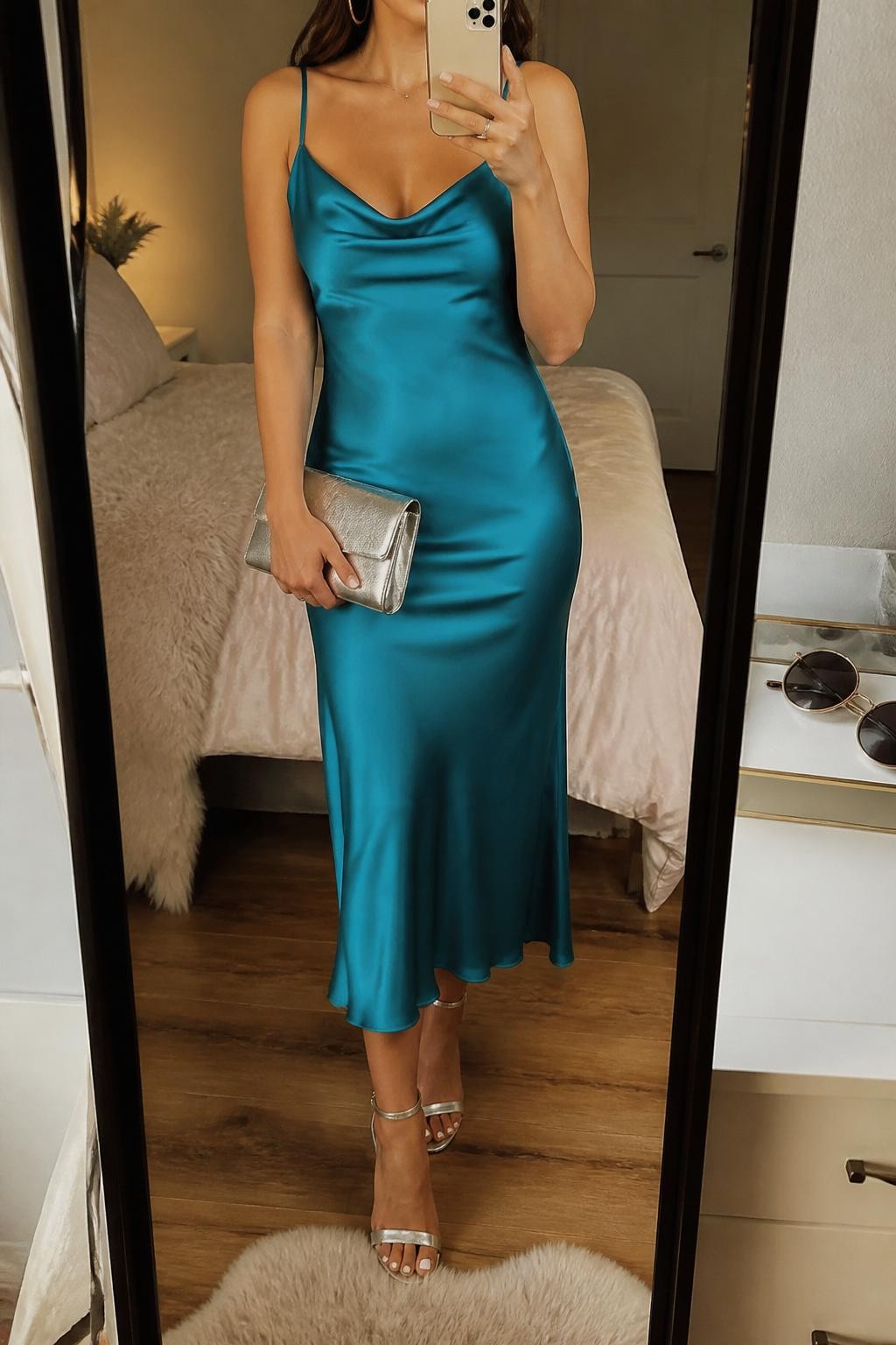 Image prompt
mirror selfie of a woman wearing a turquoise satin midi slip dress with silver heeled sandals, silver hoop earrings, and a metallic silver clutch, holding a phone in front of a mirror, cropped at NECK so face doesn't show, with a natural casual selfie pose, in a feminine-themed bedroom, warm moody lighting, including small lived-in details like soft bedding and sunglasses on a dresser, latest iPhone photo quality.