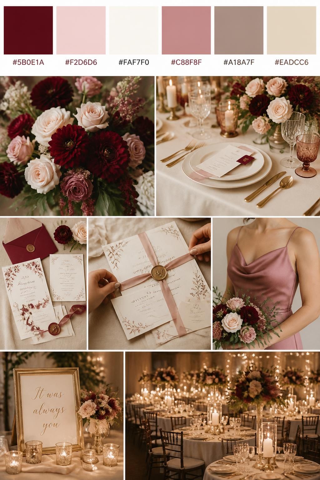 Image Prompt:
A realistic wedding color palette collage with a top row of swatches and hex codes in burgundy, blush pink, ivory, dusty rose, warm taupe, and champagne. Below, show realistic wedding details such as burgundy flowers, blush blooms, ivory table styling, elegant stationery, hands tying an invitation suite, a cropped-from-neck bridesmaid dress detail, and a softly lit reception setup with candlelight and refined styling. Keep all people shown from the back, side, or cropped below the face, and include some no-people decor scenes for variety. The mood should feel rich, romantic, and polished with DSLR-quality realism. 9:16 vertical format. (no watermarks on images)