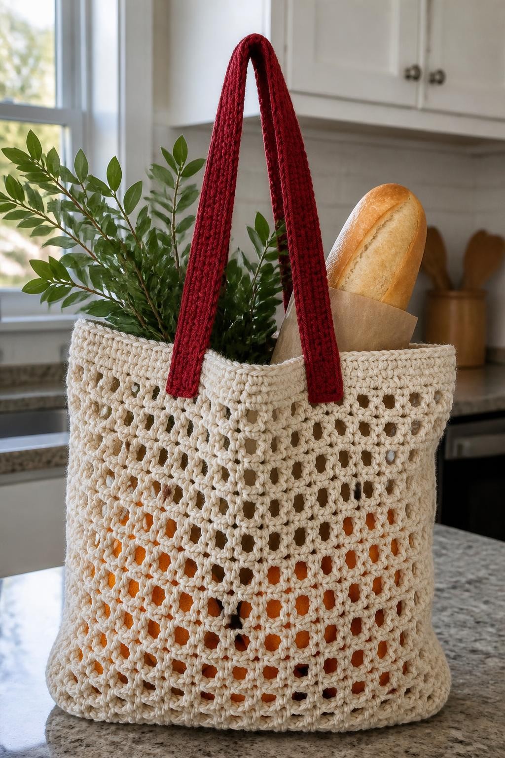 A realistic iPhone photograph of a handmade crochet market tote in natural cotton yarn with deep red handles, holding bread, oranges, and greenery on a kitchen counter, natural daylight, realistic open crochet stitches and sturdy handmade straps, simple reusable Christmas gift presentation, no text