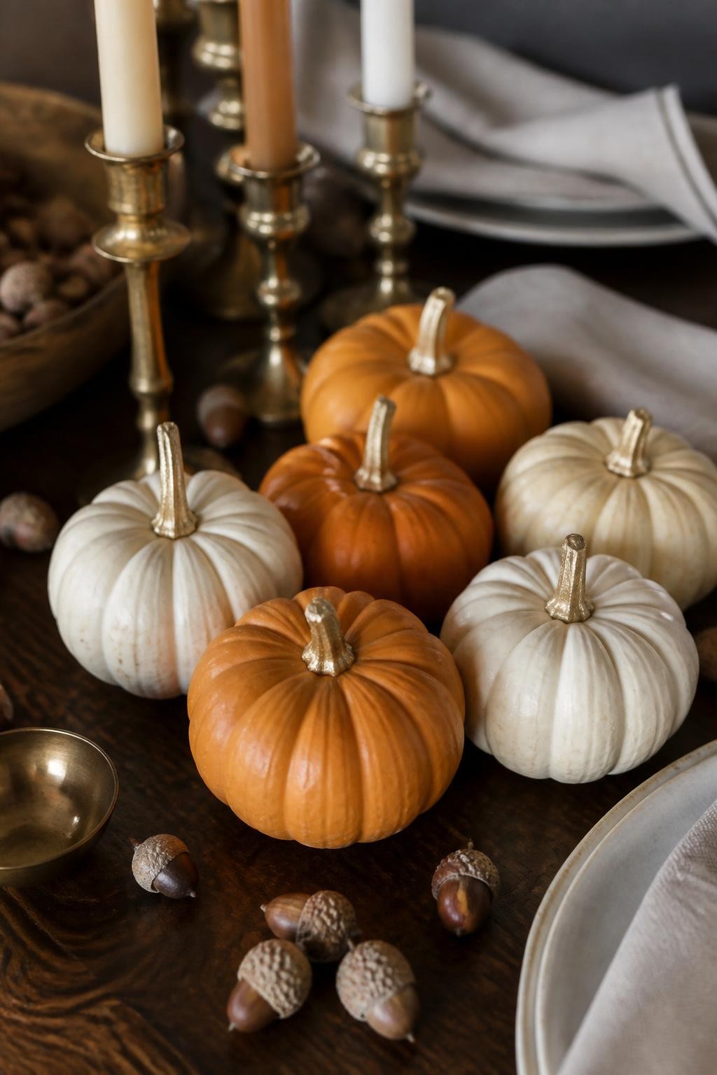 Image Prompt: A realistic close-up DSLR photo of small natural orange and white pumpkins with gold leaf applied only to the stems, arranged on a dark walnut table with taper candles, linen napkins, scattered acorns, and a brass bowl, moody elegant fall styling, realistic texture.