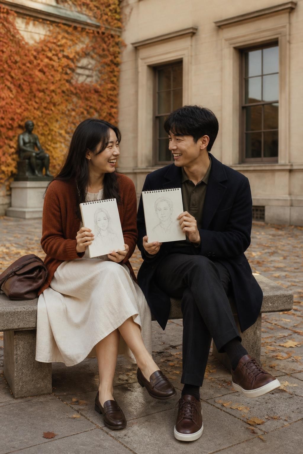 Image Prompt: A realistic lifestyle photograph of a young East Asian couple seated on a stone bench inside a quiet museum courtyard during fall. The woman wears a cinnamon cardigan over a cream midi dress with dark loafers, while the man wears a navy wool coat, olive knit polo, charcoal trousers, and leather sneakers. Each holds a small sketchbook, and they turn the pages toward one another to reveal playful unfinished portraits. Amber ivy climbs one courtyard wall, scattered leaves rest on the paving stones, and tall museum windows reflect the pale afternoon sky. Natural skin texture, realistic paper and pencil details, soft directional light, genuine laughter, refined cultural-date editorial styling.