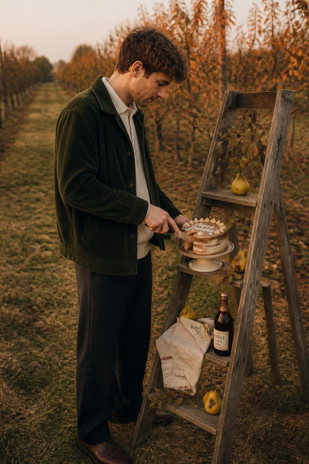 Image Prompt: A realistic outdoor editorial photograph of a young white man standing beside a repurposed wooden orchard ladder used as a narrow display shelf. He wears a forest-green corduroy jacket over a cream knitted polo, relaxed dark trousers, and brown leather shoes. A small caramel birthday cake rests securely on a wide lower step, surrounded by pears, folded linen, and one bottle of sparkling non-alcoholic cider. He cuts a slice while standing sideways to the camera. Rows of late-season fruit trees, faded grass, and copper leaves stretch behind him. Golden-hour light, natural skin texture, realistic food and wood details, refined masculine birthday styling.