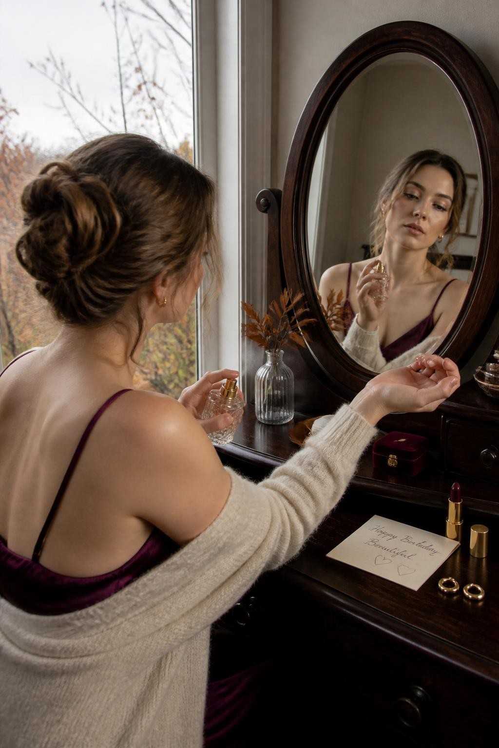 Image Prompt: A realistic indoor beauty editorial of a young white woman sitting at a dark wooden vanity beside a window on a cloudy fall afternoon. She wears a deep aubergine satin dress beneath a soft cream cardigan, with her hair pinned in a loose updo. The vanity holds a glass perfume bottle, gold earrings, a burgundy lipstick, handwritten birthday card, dried leaf branch, and a small velvet jewelry box. She sprays perfume near one wrist while looking into an oval mirror, her reflection visible at an angle. Natural pale skin texture, accurate glass reflections, soft window light, visible satin and knit fibers, sophisticated intimate birthday portrait.