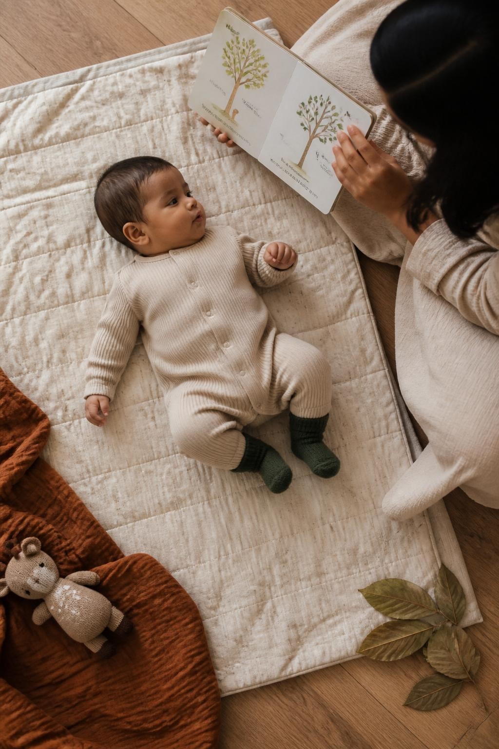 Image Prompt: A realistic overhead photograph of a five-month-old South Asian baby lying safely on a firm quilt placed directly on a wooden nursery floor. The baby wears an oatmeal ribbed romper and dark green socks. A parent lies beside the baby, visible from the shoulders down, holding open a large board book with simple illustrations of trees and woodland animals. A rust blanket, soft knitted toy, and a few large pressed leaves are arranged outside the baby’s reach around the outer edge of the quilt. Natural brown skin tone, realistic baby proportions, soft morning window light, detailed paper and knit textures, intimate editorial composition.