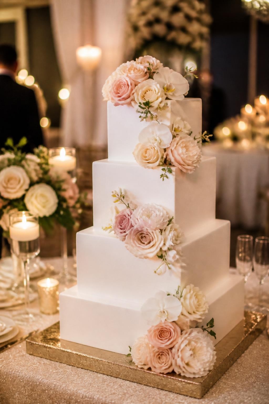 Image Prompt: Ultra-realistic wedding reception photo of a modern square wedding cake with smooth white tiers and detailed sugar flowers arranged along the corners and top. Use realistic sugar roses, orchids, peonies, and small leaves in soft blush, ivory, and champagne tones. Style the cake on a luxury wedding cake table with candles, florals, linen, glassware, and a softly blurred reception setting. No visible faces. If people appear, show only hands, back views, side views, or cropped neck-down figures. Realistic sugar flower detail, crisp cake shape, professional DSLR wedding photography. (no watermarks on images)