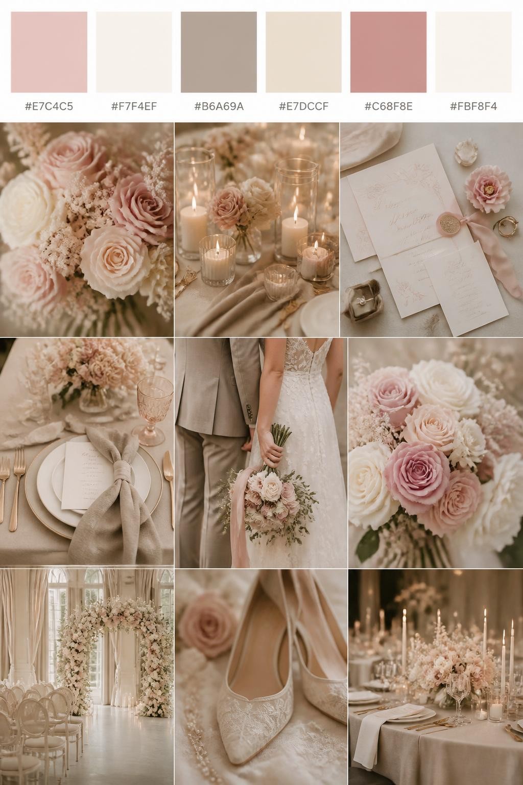 Image Prompt:
A realistic wedding palette mood board in a polished Pinterest collage layout. Include a top strip of color swatches with hex codes in blush pink, ivory, warm taupe, soft beige, dusty rose, and cream. Below, show a soft romantic collage with blush flowers, ivory candles, taupe linens, invitation flat lays, elegant details, a side-view cropped couple shot with no faces visible, bouquet close-ups, and softly lit decor scenes in a refined venue. Keep variety in the compositions with no full faces, using back views, hands-only images, and no-people styling scenes. The mood should feel soft, refined, and romantic with real DSLR photo quality. 9:16 vertical format. (no watermarks on images)