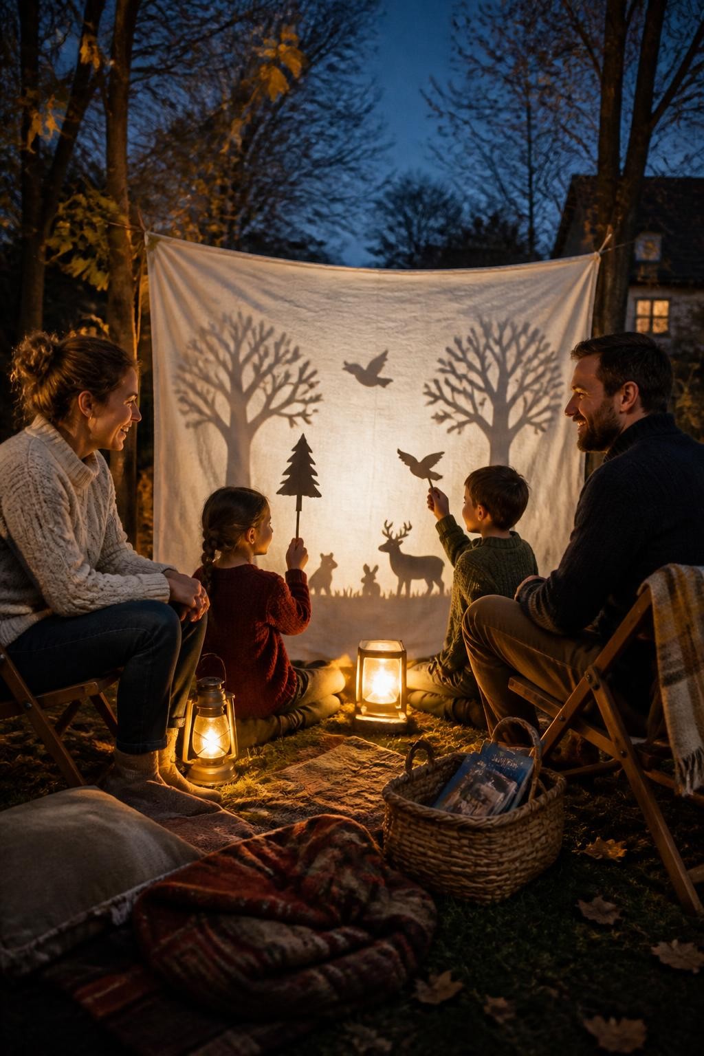 Image Prompt: A realistic blue-hour photograph of a white family creating a small shadow theater against a cream fabric screen secured in their backyard. Two children hold simple paper shapes of trees, birds, and woodland animals in front of a safe battery-powered light, while the parents sit nearby on low chairs watching and laughing. The family wears knitted layers in burgundy, olive, cream, navy, and rust. Folded blankets, a basket of books, and warm battery lanterns sit around the seating area. Bare branches and remaining yellow leaves appear beyond the screen. Realistic silhouettes, natural skin texture, visible fabric folds, safe lighting setup, imaginative but achievable family storytelling.