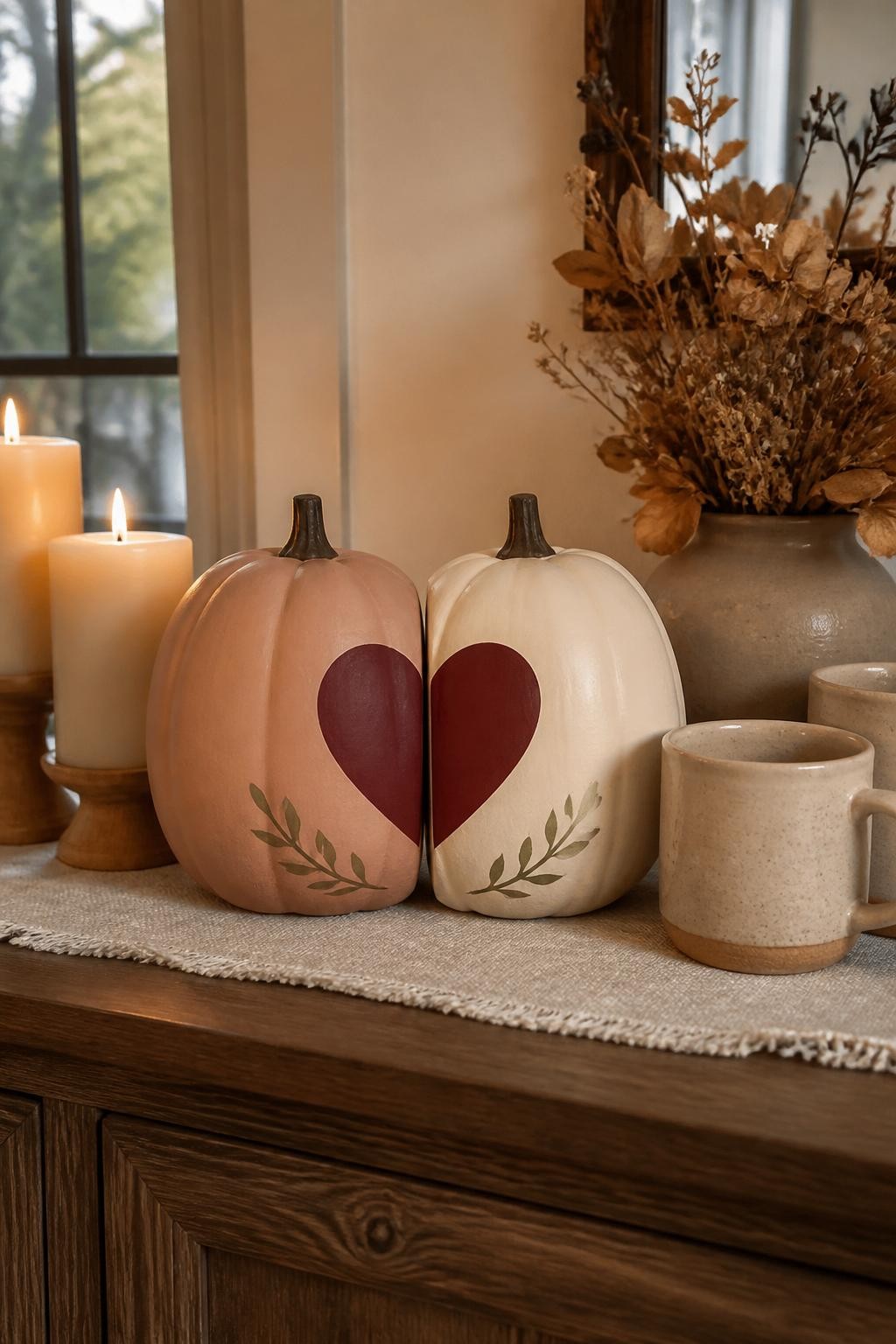 Horizontal 16:9 casual iPhone photograph of two matte ceramic pumpkins placed closely together, one pale terracotta and one warm cream, each painted with half of a large burgundy heart so the complete shape appears when their inner sides touch, tiny olive leaves painted near the lower edges, displayed on a dining sideboard beside cream candles, dried flowers, and two mugs, soft evening window light, clean handmade edges, no text.