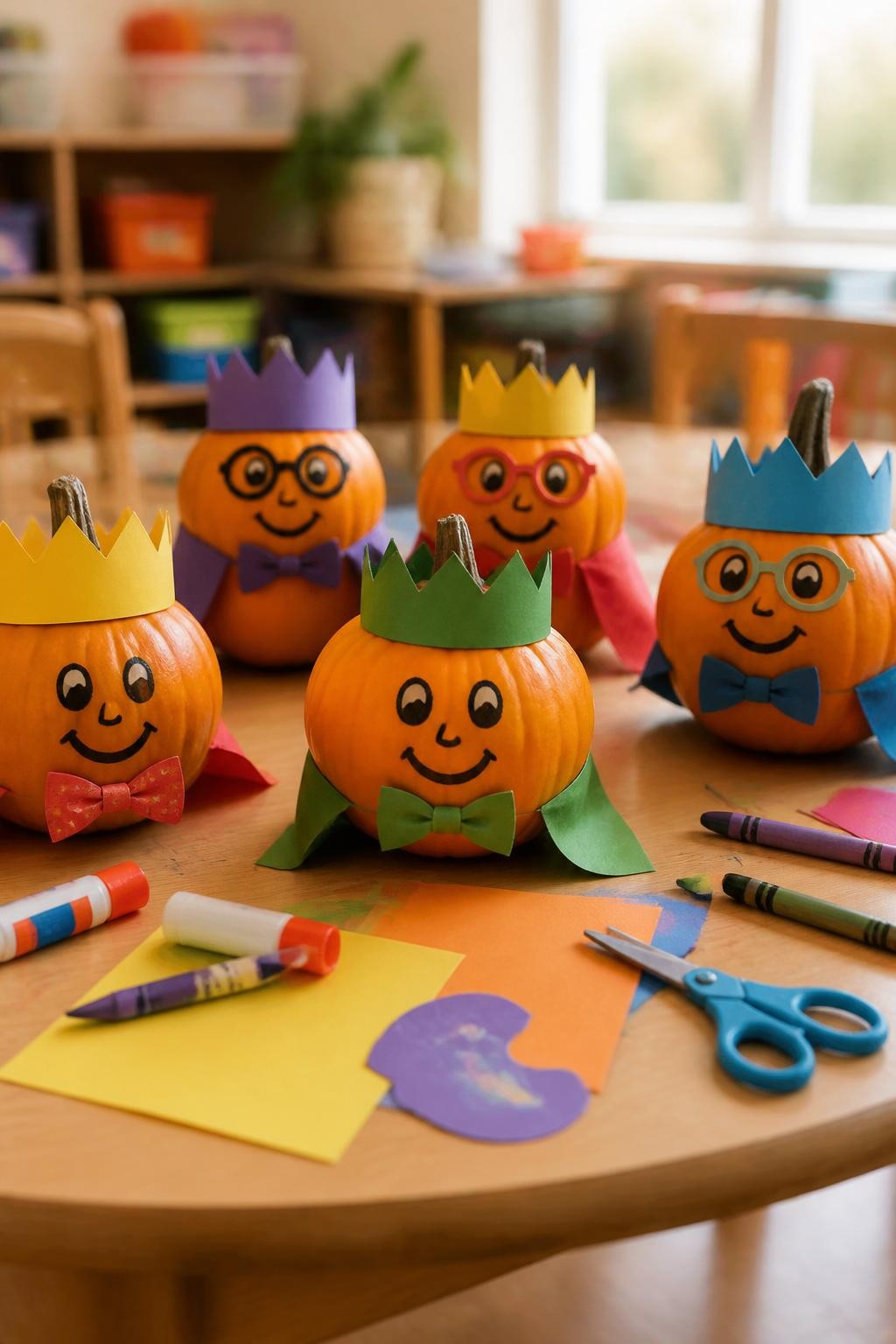 Image Prompt: A realistic DSLR photo of small pumpkins turned into cute characters with paper crowns, capes, glasses, bow ties, and simple marker faces, sitting on a low kids craft table with construction paper, glue sticks, safety scissors, markers, and crayons, warm indoor fall light, playful classroom craft display.