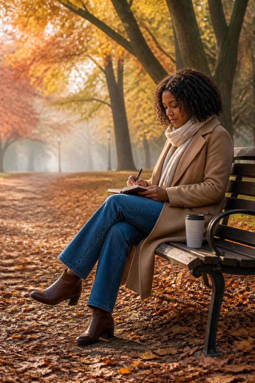 Image Prompt: A realistic outdoor DSLR photograph of a Black woman with warm medium-brown skin sitting on a wooden park bench after a fall walk, writing observations in a small notebook resting on her lap, wearing a camel coat, cream scarf, straight-leg jeans, and brown ankle boots, reusable cup beside her, copper leaves covering the path, old trees with gold and red foliage, pale afternoon sunlight and light mist, relaxed thoughtful posture, natural skin and clothing textures, editorial lifestyle photography, 70mm lens, no visible logos, no readable writing.
