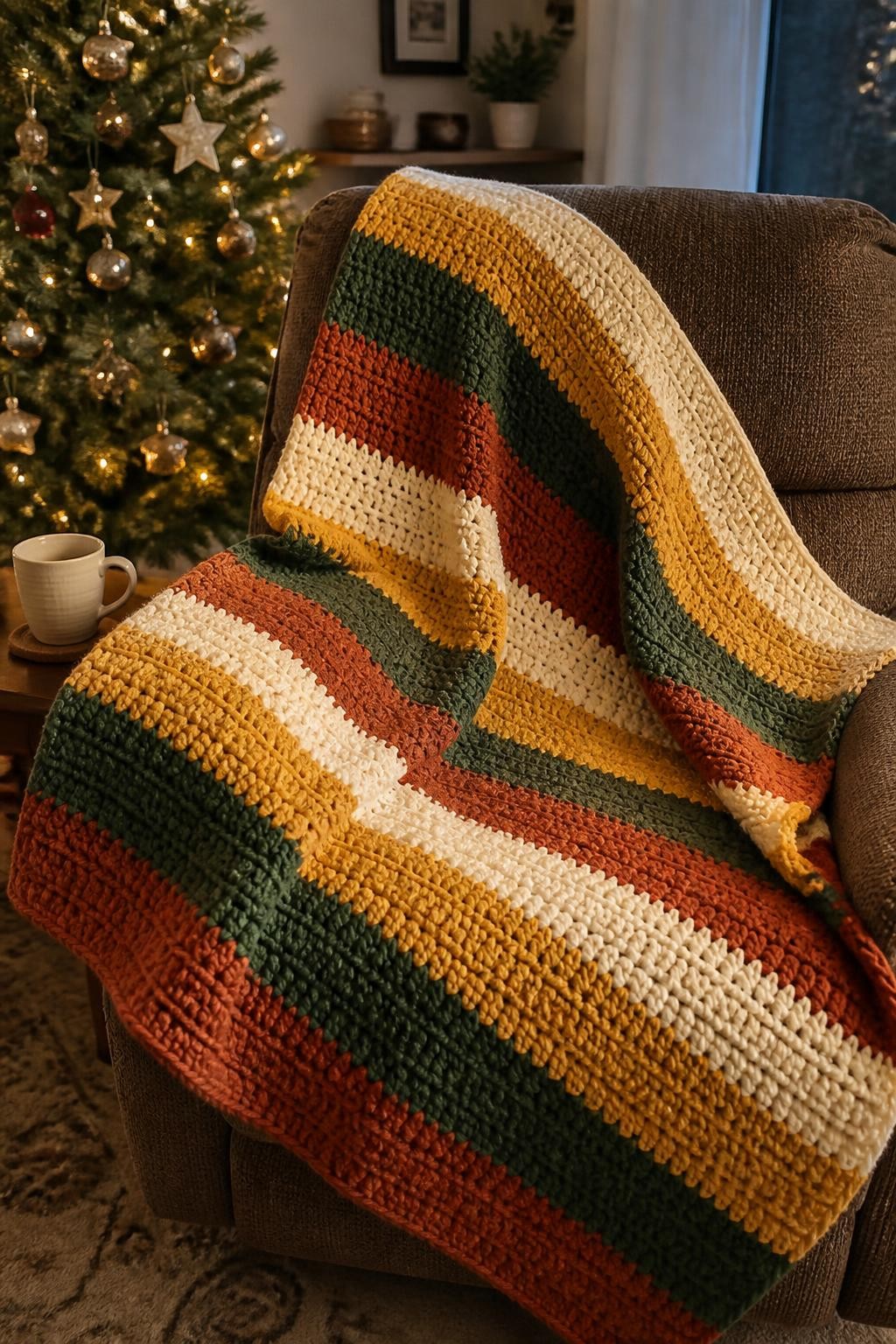 A realistic iPhone photograph of a handmade crochet lap blanket in wide stripes of cream, rust, forest green, and muted gold, folded across an armchair beside a mug and softly glowing Christmas tree, natural evening light, realistic chunky yarn texture and simple handmade stitches, warm inviting home setting, no text