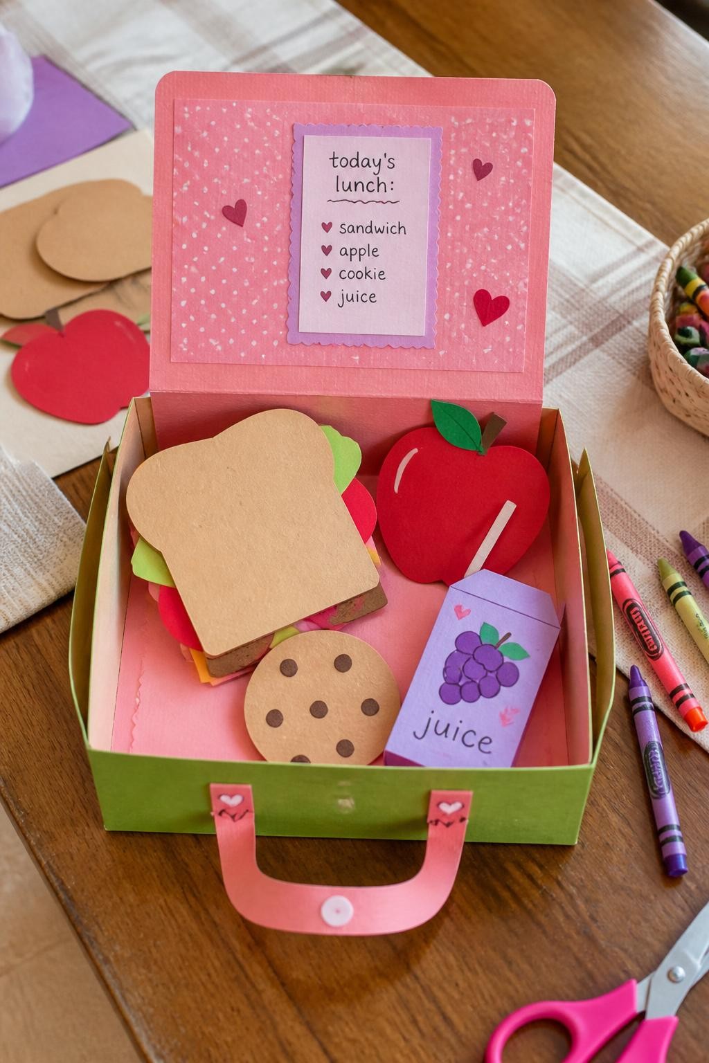 Image Prompt: Photo of a finished paper picnic lunchbox collage, overhead flat lay, placed on a cozy kitchen table craft session with large paper food shapes and crayons nearby, bright natural daylight, open lunchbox occupying most of the frame, colorful pretend food and handmade details clearly visible, realistic craft photography, latest iPhone photo quality.
