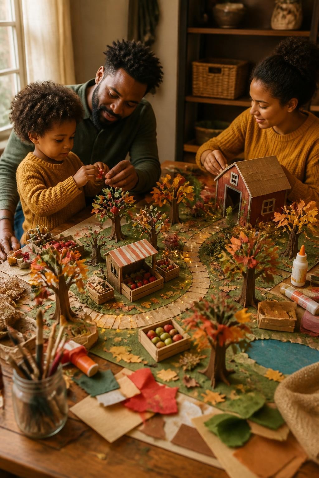 Image Prompt: A family creating a miniature autumn orchard across a large dining table, small cardboard trees with tissue-paper leaves, wooden crates filled with tiny craft apples, paper paths, a miniature cider stand, and battery-powered lights, a Black father helping a child attach red felt apples while another family member builds a cardboard barn, craft paper, glue sticks, paintbrushes, and fabric scraps scattered naturally, warm afternoon window light, visible handmade imperfections, detailed editorial DSLR craft photography, no readable signs, no text.