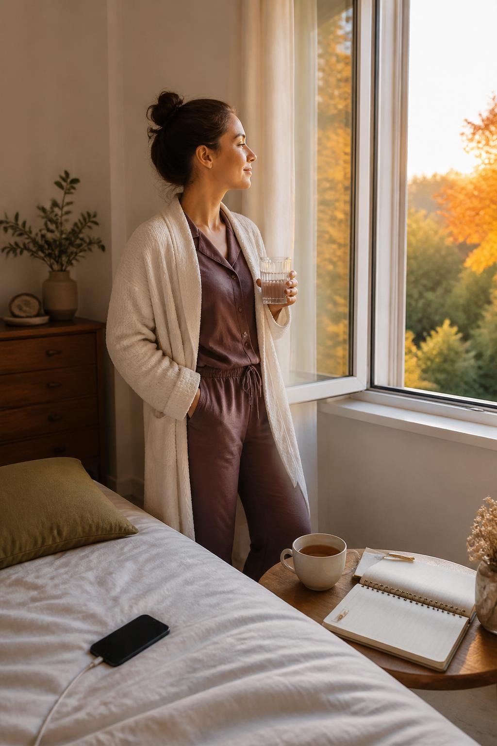 Image Prompt: A realistic morning lifestyle photograph of a woman beginning a calm fall day without immediately checking her phone, standing beside an open bedroom window while holding a glass of water, wearing soft plum pajamas and a cream robe, smartphone charging face down across the room, simple paper planner and warm tea on a wooden bedside table, pale golden sunrise illuminating autumn trees outside, relaxed posture, clean cream bedding and olive accents, natural skin and fabric details, editorial DSLR wellness photography, 50mm lens, no visible notifications, no text.