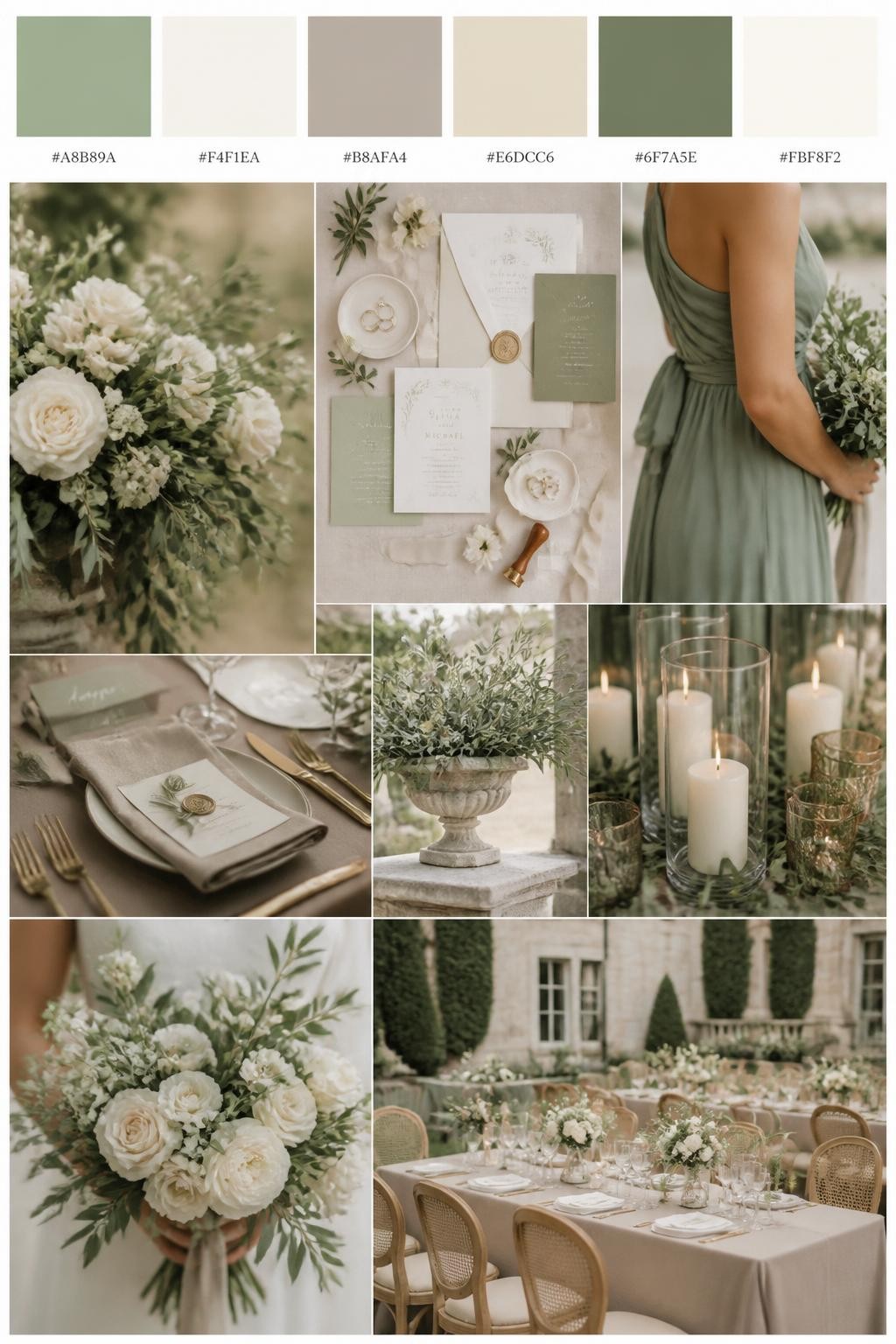 Image Prompt:
A realistic wedding mood board with a top strip of color swatches and small hex codes in sage green, ivory, taupe, warm beige, muted olive, and soft cream. Below, show a refined collage of wedding details: sage greenery, ivory florals, taupe table linens, elegant candles, invitation flat lays, a cropped bridesmaid dress detail from the neck down, hands holding a bouquet, and a no-people reception table styled in a polished estate setting. Keep the collage soft, elegant, and understated with DSLR-style realism. Use no clear faces, with side angles, back views, detail-only shots, and no-people scenes. 9:16 vertical format. (no watermarks on images)