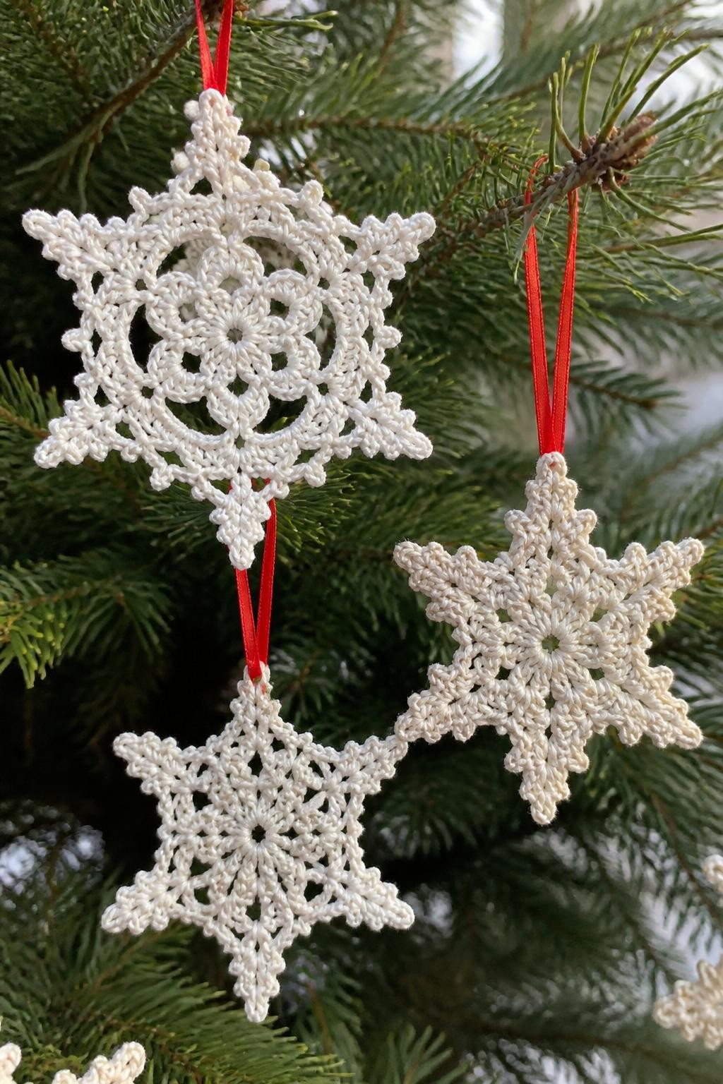 A realistic iPhone photograph of delicate handmade crochet snowflake ornaments in white and cream cotton thread, lightly stiffened and hanging from a natural Christmas tree branch with thin red ribbon, bright winter daylight, realistic fine crochet details and slight handmade variations, no text