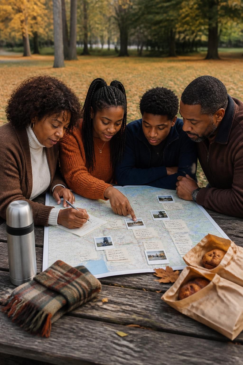 Image Prompt: A realistic outdoor DSLR photograph of a Black family gathered around a wooden picnic table in a quiet late-fall park. The parents and two teenage children have deep and medium-deep brown skin tones and wear layered clothing in chocolate, rust, cream, olive, and navy. A large printed city or regional map lies across the table, marked with small handwritten and instant photographs from family outings. One teen points to a destination while a parent adds a new note, and the other family members lean in naturally. A thermos, folded scarves, and paper bags of pastries sit nearby. Copper leaves cover the grass, soft afternoon light, accurate skin tones and natural hair, realistic paper detail, reflective family storytelling.
