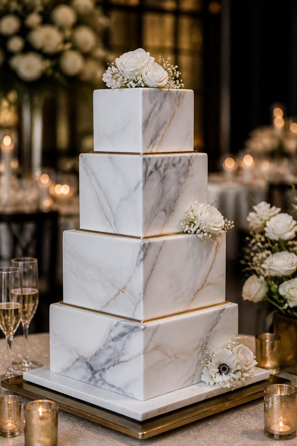 Image Prompt: Ultra-realistic wedding reception image showing a modern square wedding cake with sharp tiers and a soft marble effect in white, gray, beige, or taupe. Add subtle metallic trim or a few small flowers for a polished wedding finish. Place the cake on a sleek cake table with candles, modern florals, champagne glasses, and a softly blurred upscale reception background. Keep the cake as the main focus. No visible faces. If people appear, show only cropped hands, side views, back views, or neck-down figures. Realistic marble icing texture, crisp edges, DSLR wedding editorial style. (no watermarks on images)