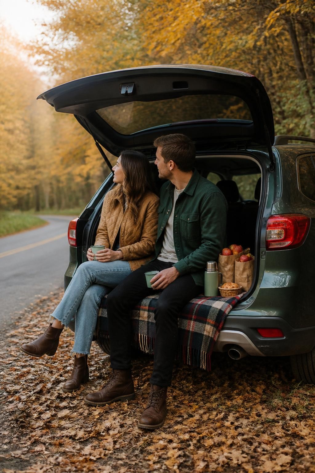 Image Prompt: A realistic lifestyle photograph of a young couple sitting at the open trunk of a compact dark green SUV parked beside a quiet country road in fall. The trunk contains a folded plaid blanket, paper bags of apples, a thermos, two enamel cups, and a small basket of pastries. The woman wears light-wash jeans, a quilted tan jacket, and ankle boots, while the man wears dark trousers and a forest green overshirt. They sit side by side with their legs hanging naturally, looking toward the trees rather than the camera. Late-afternoon light, fallen leaves around the tires, natural fabric wrinkles, realistic vehicle details, candid editorial composition.