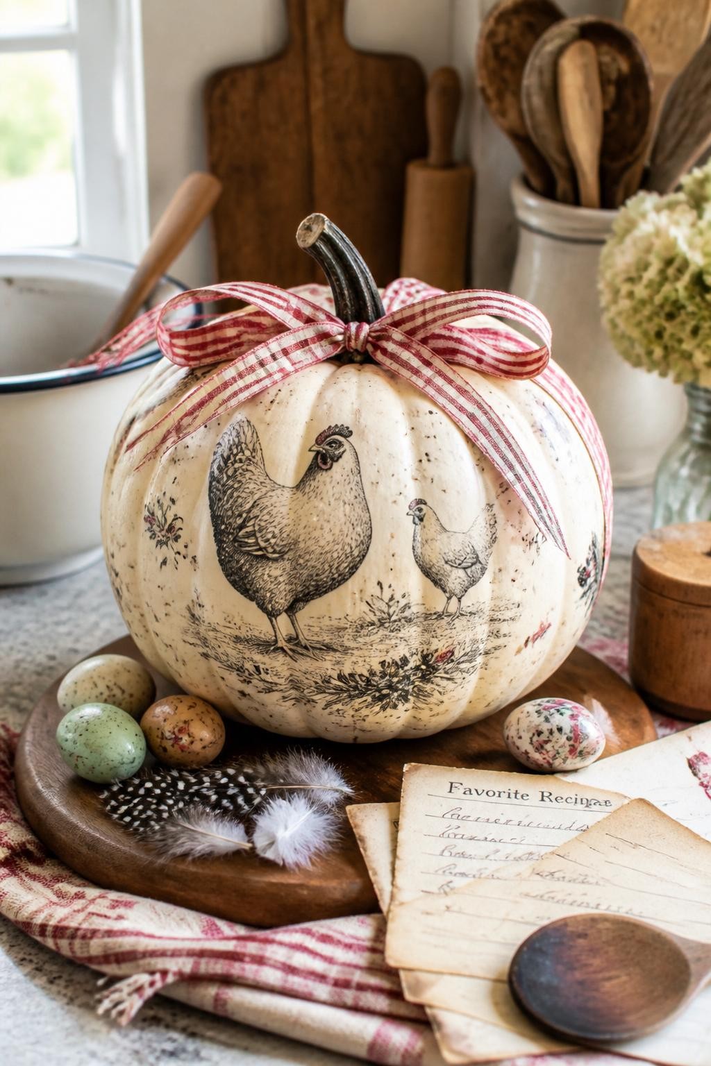 Image Prompt: A realistic DSLR photo of a cream pumpkin decorated with vintage chicken illustrations, red gingham ribbon around the stem, tiny painted eggs, soft black line art feathers, antique recipe cards, enamelware bowl, wooden spoon, and warm kitchen counter light, nostalgic farmhouse fall craft styling.