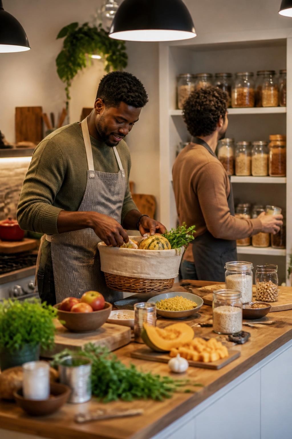 Image Prompt: A warm home kitchen during a friendly pantry cooking challenge, two adults standing at separate countertop stations with canned beans, rice, pasta, squash, apples, herbs, bread, and spices, one Black man opening a mystery ingredient basket while another participant studies the pantry shelves, casual aprons over sweaters, natural food preparation mess, soft pendant lighting, authentic hand movement, editorial DSLR food photography, 50mm lens, no visible product names, no text.