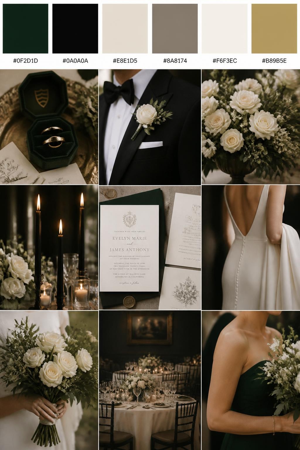 Image Prompt:
A realistic wedding palette board with a top row of color swatches and hex codes in hunter green, black, cream, warm taupe, ivory, and muted gold. Below, show a polished collage of hunter green details, black candles, cream florals, elegant paper goods, a groom suit detail with boutonniere and no visible face, cropped dress shots, bouquet styling in hands-only composition, and a romantic reception table. Use no full faces, with side crops, back views, and no-people decor shots for variety. The mood should feel bold, elegant, and old-money refined with true-to-life DSLR quality. 9:16 vertical format. (no watermarks on images)
