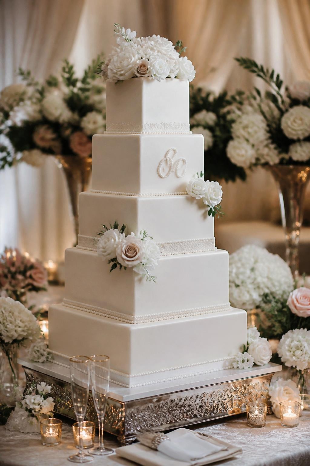 Image Prompt: Ultra-realistic wedding party scene featuring a tall stacked square wedding cake with multiple sharp tiers, smooth white or ivory icing, subtle trim, and a few refined floral or metallic details. Place the cake on a grand reception cake table with candles, elegant florals, champagne glasses, fine linens, and a softly blurred luxury venue backdrop. Keep the cake as the main focus. No visible faces. If people appear, show only back views, side views, cropped hands, or neck-down figures. Realistic cake texture, strong clean structure, soft wedding lighting, DSLR editorial photography. (no watermarks on images)