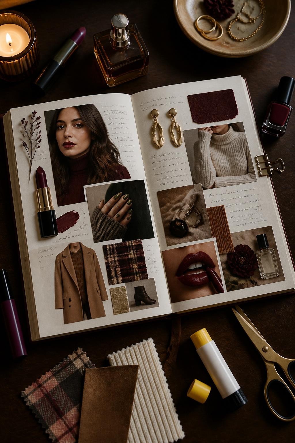 Image Prompt: A stylish realistic overhead photograph of a fall beauty and fashion journal spread on a dark wooden vanity, magazine-style cutouts of burgundy lipstick, glossy chocolate hair, camel coat, olive manicure, ankle boots, gold earrings, and cream knitwear arranged beside handwritten notes, small fabric swatches in plaid, suede, and ribbed knit, berry lipstick, unbranded perfume bottle, nail polish, scissors, and glue stick surrounding the journal, warm side lighting with soft shadows, sophisticated caramel, wine, cream, olive, and dark brown palette, premium editorial flat lay, no visible brand names, no readable text.