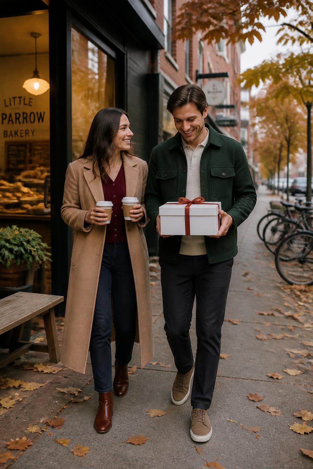 Image Prompt: A realistic full-body DSLR lifestyle photograph of a newly engaged white couple leaving a small neighborhood bakery on a crisp fall morning. The woman wears a deep burgundy cardigan beneath a long camel coat, straight dark jeans, and brown ankle boots. The man wears a forest green overshirt over a cream knit polo, charcoal trousers, and suede sneakers. He carries a white bakery box tied with a narrow rust ribbon while she holds two takeaway coffee cups. Capture them walking close together as she looks toward him and he smiles down at the box. Warm bakery lights glow through the window, copper leaves line the pavement, bicycles and brick buildings appear softly behind them, natural pale skin tones, visible wool and paper textures, believable body proportions, polished candid engagement photography.