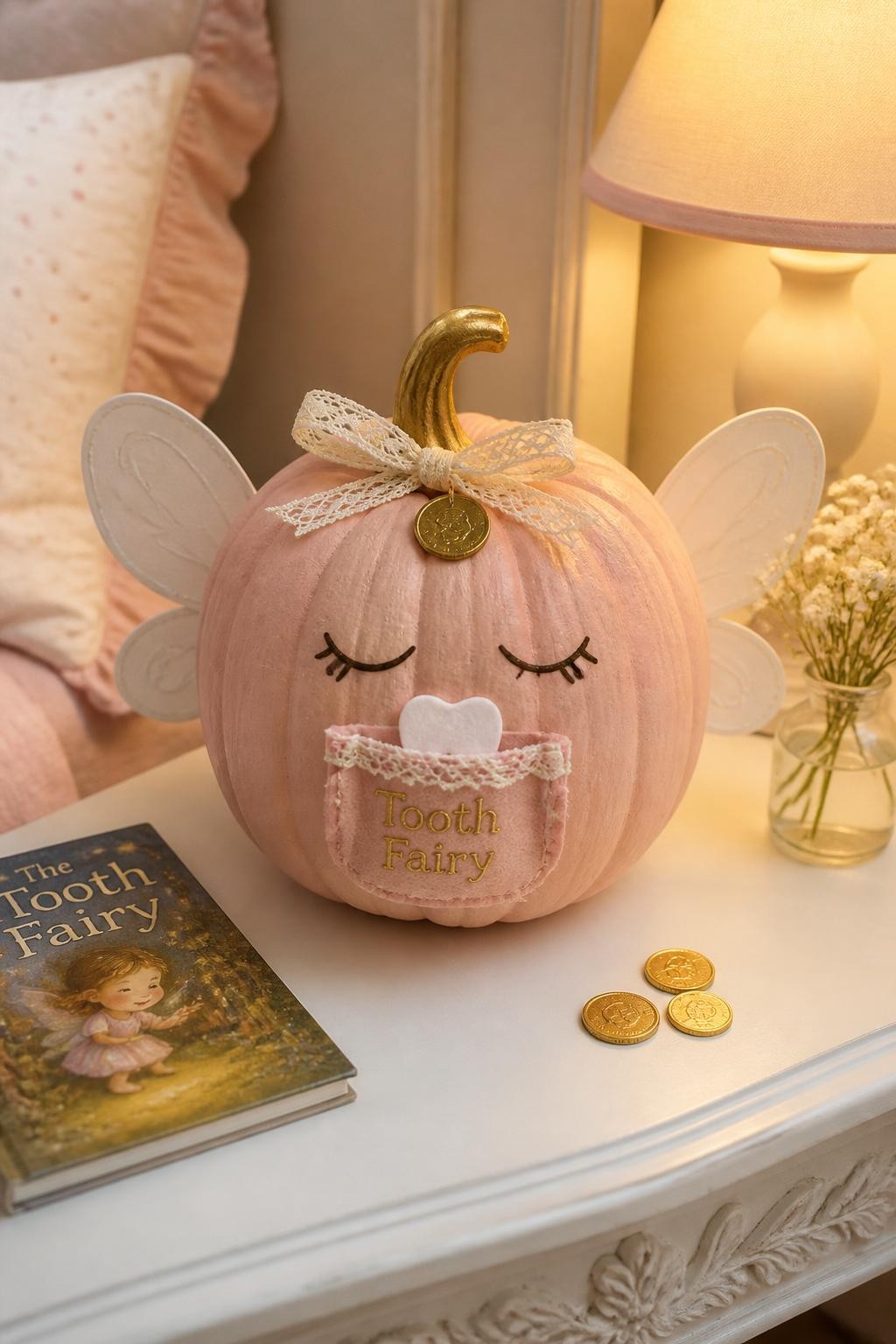 Image Prompt: A realistic DSLR photo of a soft blush pink pumpkin decorated like a tooth fairy pillow, with a tiny felt pocket on the front holding a paper tooth, lace trim, satin ribbon, small gold coins, sleepy painted eyes, and white paper wings, displayed on a cozy child’s bedroom nightstand with a storybook and warm lamp light.