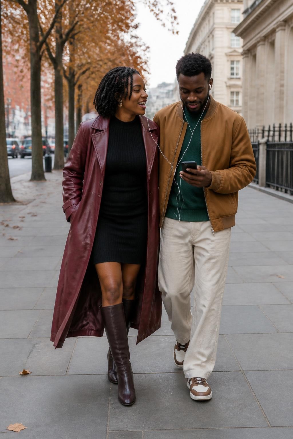 Image Prompt: A realistic full-body street photograph of a young Black couple walking along a wide city pavement lined with rust-colored trees. The woman has medium-deep brown skin and wears a long burgundy leather coat over a fitted black knit dress, with knee-high boots and shoulder-length natural twists. The man has deep brown skin and wears a camel bomber jacket, dark green sweater, cream trousers, and brown sneakers. They share one pair of wired earbuds connected to a phone in his hand, walking close enough that their shoulders touch. She looks toward him mid-laugh while he glances down at the music. Natural dark skin tones, believable earbud wires, moving coat hems, soft cloudy daylight, realistic city background, stylish 2026 street editorial.