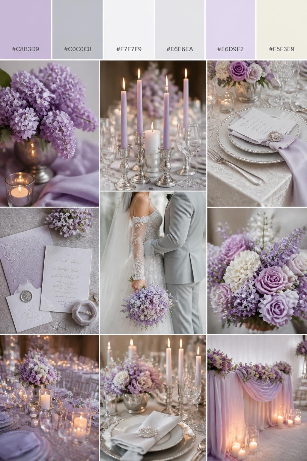 Image Prompt:
A realistic wedding palette mood board in a polished Pinterest collage layout. Include a top strip of color swatches with hex codes in lilac, silver, pearl white, pale gray, icy lavender, and ivory. Below, show a refined collage with lilac flowers, silver candle holders, pearl-toned linens, polished table styling, invitation flat lays, candlelit details, a side-view cropped couple shot with no faces visible, bouquet close-ups, and softly lit decor scenes. Keep variety in the compositions with no full faces, using back views, hands-only images, and no-people styling scenes. The mood should feel elegant, cool-toned, and romantic with real DSLR photo quality. 9:16 vertical format. (no watermarks on images)
