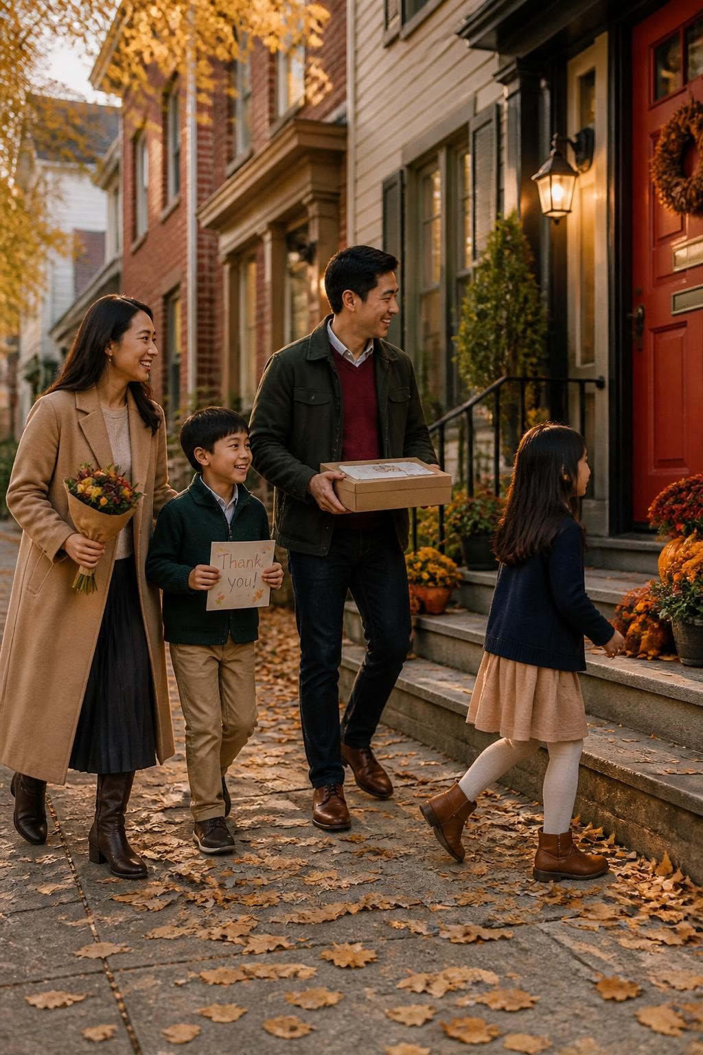 Image Prompt: A realistic full-body street photograph of an East Asian family walking toward a neighbor’s home carrying a homemade apple pie. One parent holds a covered pie inside a sturdy bakery-style box, while the other carries a small flower bundle and walks beside two children. The family wears individual fall outfits in camel, dark green, cream, burgundy, navy, and brown. One child holds a handwritten card, while the other walks slightly ahead toward a red front door. Golden leaves line the quiet pavement, and warm porch lights glow in the late afternoon. Natural skin tones, realistic box and flower proportions, candid walking movement, soft directional light, warm neighborhood editorial.