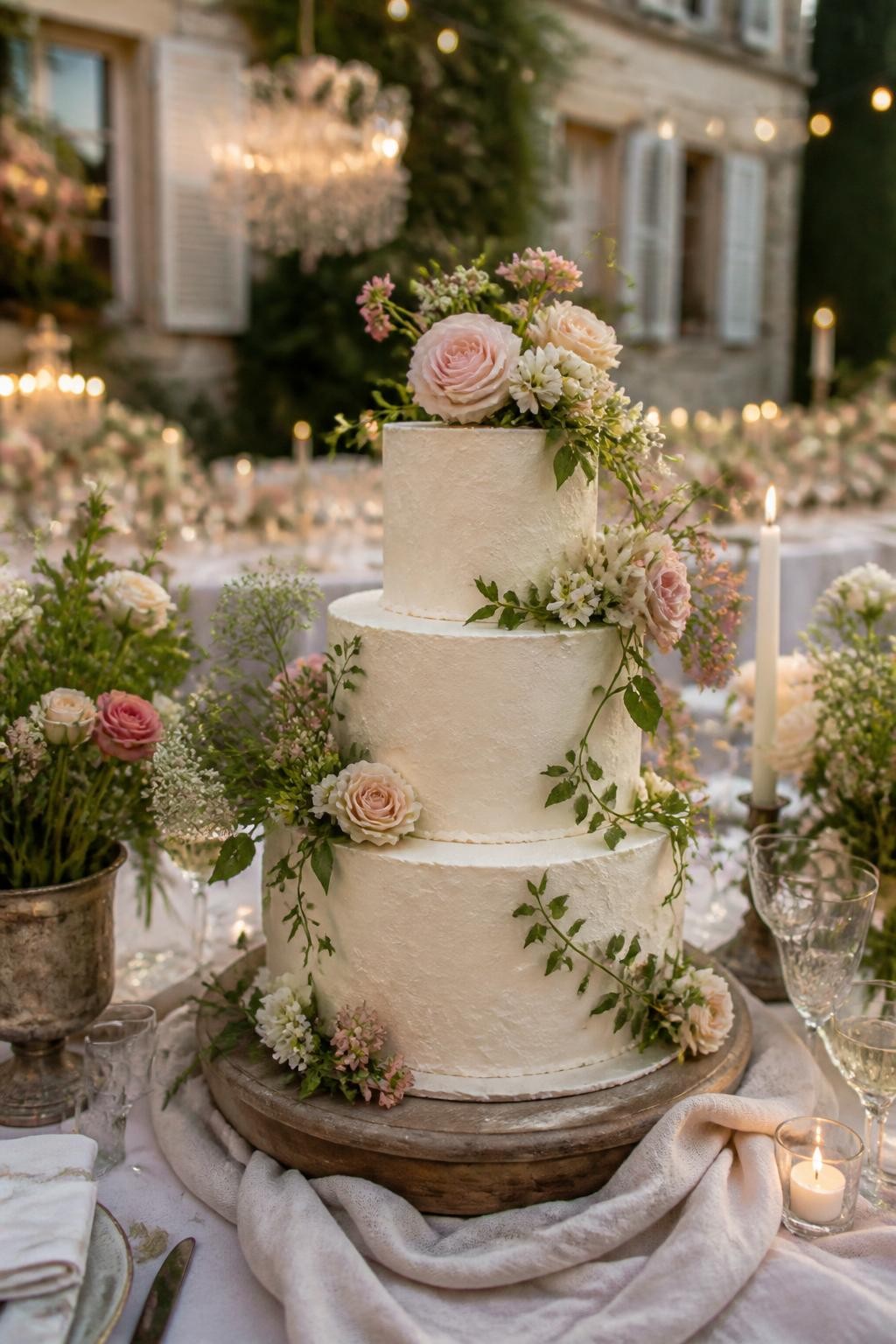 Image Prompt: Ultra-realistic wedding reception photo of a French garden wedding cake with lightly textured ivory buttercream, fresh garden flowers, trailing greenery, roses, tiny blossoms, and a soft countryside feel. Place the cake on a rustic-elegant cake table in a real wedding party scene with candles, linen draping, vintage glassware, floral centerpieces, and a softly blurred chateau garden reception backdrop. Keep the cake in sharp focus. No visible faces. If people appear, show only back views, cropped hands, side views, or neck-down figures. Realistic buttercream texture, fresh flower detail, natural DSLR wedding lighting. (no watermarks on images)