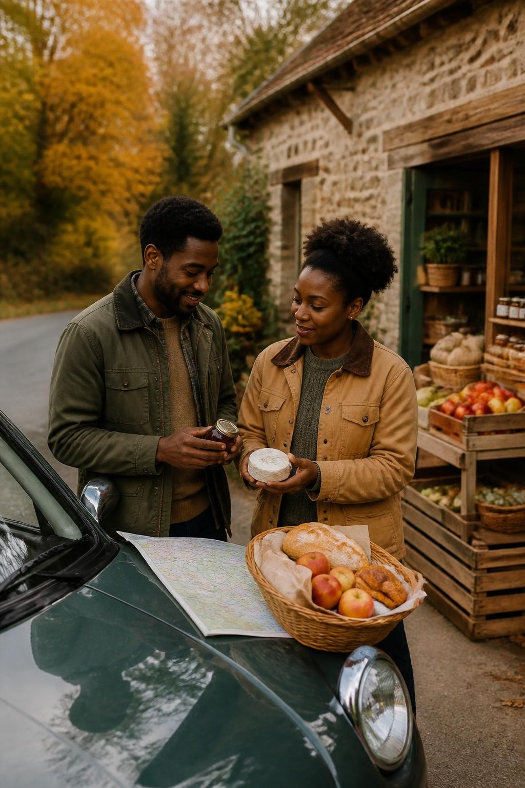 Image Prompt: A compact car parked outside a small countryside farm shop during fall, a paper route map spread across the hood beside a basket containing bread, apples, jam, cheese and fresh pastries, a Black couple comparing their purchases while wearing olive and camel jackets, old stone building, stacked wooden crates and golden trees behind them, natural roadside setting, soft late-morning light, editorial DSLR food and travel photography, 35mm lens, no readable shop name, no text overlay.