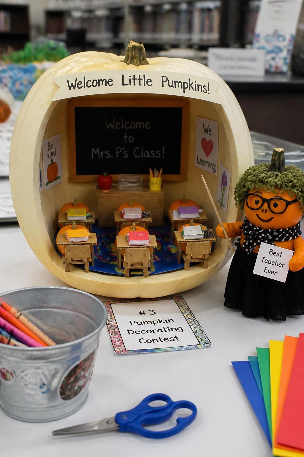 Image Prompt: A realistic DSLR photo of a medium cream pumpkin decorated as a tiny classroom scene, with a small chalkboard, miniature desks made from cardboard, paper books, tiny apple, ruler, crayons, and a teacher pumpkin figure beside it, displayed on a school table with neat craft supplies, bright indoor classroom lighting, detailed contest display.